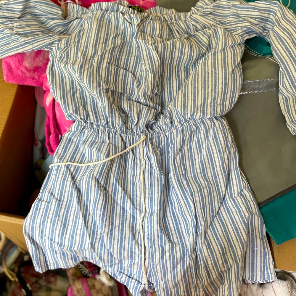 Blue and white stripe, off the shoulder, romper with long sleeves and shorts